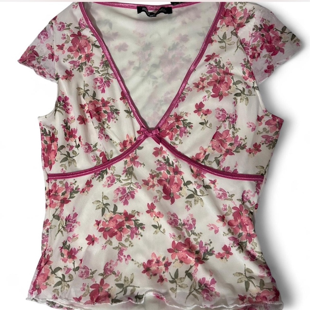 Pink floral mesh top with bow detail